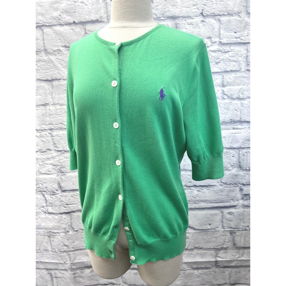 Ralph Lauren Cardigan Womens XL Green Good Elbow Sleeve Cotton Knit Sweater